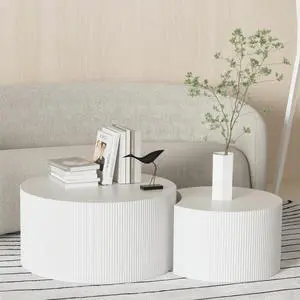 KEVINSPACE Coffee Table Set of 2 Modern, Living Room Nesting Table Round 2-Piece, No Assembly Required Wooden Circle End Table Set Accent Furniture for Bedroom Balcony Library,White