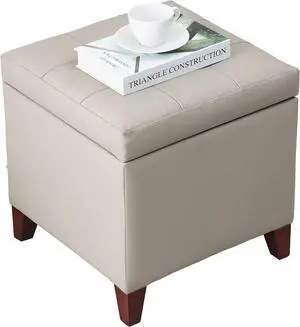Adeco 18" PU Storage Ottoman, Upholstered Square Faux Leather Foot Rest - Flip Top Footstool with Sturdy Wood Legs, Small Cube Coffee Table Extra Seat for Living Room, Bedroom, Elephant Grey