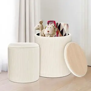 2PC Round Velvet Ottoman with Storage & Upholstered Pouf Foot Rest for Dorm, Boho Coffee Table Stools, Cute Circle Vanity Stool, Multifunctional Velvet Storage Ottoman for Living Room, Bedroom