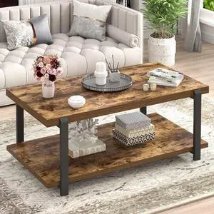 FOLUBAN Modern Coffee Table, Rustic Wood Center Table with Storage for Living Room, Industrial Rectangle 2 Tier Low Cocktail Tea Table, Rustic Brown