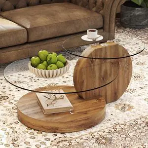 Glass Coffee Table, Modern Round Glass Coffee Table with Wooden Base, 3 Tier Round Coffee Table, Clear Cocktail Table with Storage for Living Room, Office, Balcony, Wood