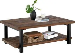 Pomona Rustic Industrial 2-Tier Rectangular Coffee Table  48 Solid Wood Top with Shelf, Metal Legs, and Reclaimed Finish  Farmhouse Style Living Room Furniture
