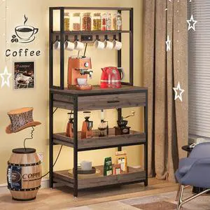 Tribesigns Bakers Rack with Power Outlets, 5-Tier Kitchen Storage Shelf, Microwave Oven Stand with Drawer, 65H Coffee Bar Table, Kitchen Rack with Sliding Shelves and 6 Hooks, Grey