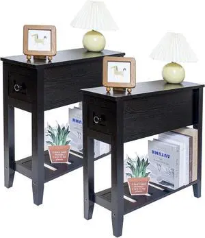 Narrow End Table, Black Couch Table with Drawer, Slim Bed Side Table for Small Space/Night Stand Set of 2, Side Table for Couch