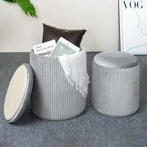 CAROLMADE Set of 2 Round Ottoman with Storage, Upholstered Vanity Stool Support 300lbs Multifunctional Coffee Table Ottoman Velvet Foot Rest Stool or Living Room Bedroom (Grey)