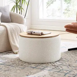 Round Ottoman with Storage, Boucle Ottoman Coffee Table with Wooden Lid, Storage Footrest Stool for Bedroom, Upholstered End Table Side Table for Living Room, White