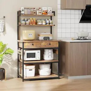 Mexin Bakers Rack with Power Outlets, 5-Tier Microwave Oven Stand with 2 Drawers, Kitchen Stand Coffee Bar Table with Storage, Heavy Duty Kitchen Shelves(Brown)