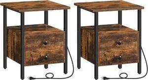 HOOBRO End Table Set of 2 with Charging Station, Nightstand with 2 Drawer & USB Ports & Power Outlets, Bedside Table for Small Spaces, Stable and Sturdy, for Living Room, Rustic Brown BF43UBZP201