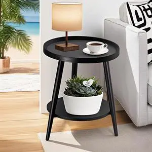 Small Round Side Table, 2-Tier Mid Century Modern Side Table, Round End Table Small Side Table for Living Room, Metal Frames, Black