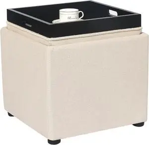 Joveco Storage Square Ottoman with Tray, Small Linen Foot Rest Stool Cube, Coffee Table for Dorm Living Room Bedroom, Beige