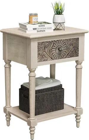 SUNBURY Vintage Nightstand with Drawer, Wood Small Bedside Table with Open Shelf, Shabby Accent End Side Table for Living Room, Bedroom