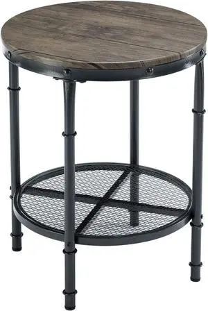 VINGLI 20" Side Table, Round End Tables Living Room, Industrial Small End Table with Metal Mesh, Rustic Farmhouse Side Tables for Bedroom, Office, Corner, Walnut