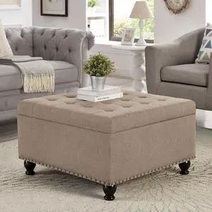 Oversized Square Ottoman Storage Bench for Living Room Bedroom Large Ottoman Coffee Table with Rubber Wood Legs, Linen Fabric Upholstered Foot Stool Foot Rest for Couch Sofa, Light Brown