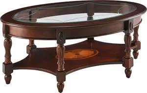 MODERION Traditional Solid Wood Coffee Table with Tempered Glass Top,Oval Cocktail Table with Storage Shelf for Living Room,Office Walnut