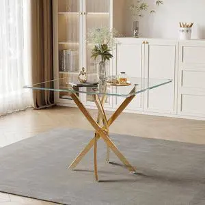 36" Square Glass Dining Table, Modern Clear Kitchen Table for 4 with Tempered Glass Top & Gold Stainless Steel Legs, Small Glass Coffee Table for Small Space, Living Room, Office