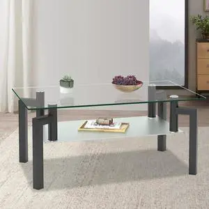 Glass Coffee Table Metal Legs, 2-Tier Glass Top Coffee Table with Storage Clear Coffee, Modern & Simple Center Table for Living Room, Black