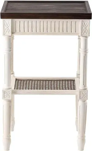 Rustic Farmhouse Cottagecore Accent End Table, Distressed Accent Side Table with Espresso Tray Top and Woven Wicker Shelf, Boho, French Country Decor, Square, Weathered Brown & White