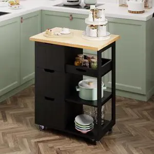 SUNLEI Kitchen Island with Storage Cart Rolling Coffee Small Butcher Block Table Microwave with 3 Drawers on Wheels Station Portable Mobile Narrow Moveable Utility Counter Wood Top Spaces Bar Food