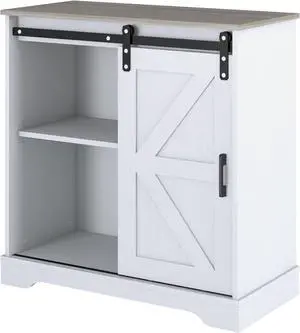 Panana Sliding Barn Door Buffet Sideboard Storage Cabinet Coffee Bar Kitchen Farmhouse Style (White Cabinet Nature Top)