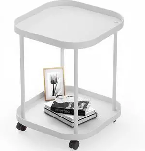 Side Table with Wheels, End Table Living Room Plastic Mobile Sofa Side Table Small Night Stand Bedroom Matte White