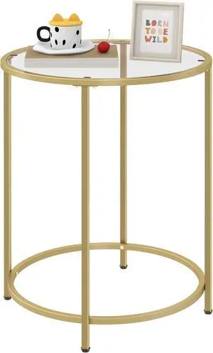 19.7 Round Glass End Table, Round Bedside Table with Tempered Glass Top, Gold Glass Side Table with Metal Frame, Modern Round End Table for Living Room Balcony Bedroom Porch Patio