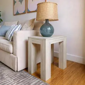 Plank+Beam Modern Rectangular Side Table, Slim Side Table for Living Room, Narrow Nightstand for Small Spaces, Wood End Table for Bedroom, White Sand Wirebrush