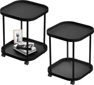 Side Table with Wheels, End Table Living Room Plastic Mobile Sofa Side Table Small Night Stand Bedroom Black (2 Pack)