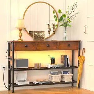 47" Entryway Table with Outlets: Console Table with 3 Wood Drawers and Storage Shelves, USB Ports, LED Light Strip for Sofa, Living Room, Hallway, Foyer, Couch, TV and Aquarium Stand
