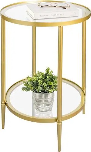 2 Tier Round Side Table, Gold End Table with Glass Top, Modern Metal Clear Coffee Tables, Small Accent Tables for Living Room, Bedroom, 18" x 18"