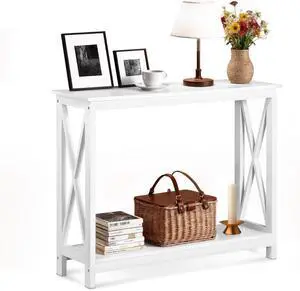 SUPER DEAL Console Table 39.5, 2-Tier Narrow Sofa Side Table with Storage Shelf, Entrance Table for Hallway/Foyer/Living Room/Corridor/Office, White