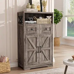 Farmhouse Storage Cabinet with Barn Doors and Open Shelf, Kitchen Pantry with Storage, Coffee Bar Station, Freestanding Cupboard Hutch Cabinet for Kitchen, Dinning Room, Livingroom, Grey