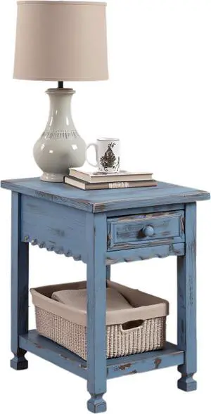 Rustic Cottage Chairside End Table 15D x 23W x 24H in, Shabby Chic Distressed Finish, 1 Drawer & 1 Shelf, Antique Blue, Living Room Furniture, Solid Wood