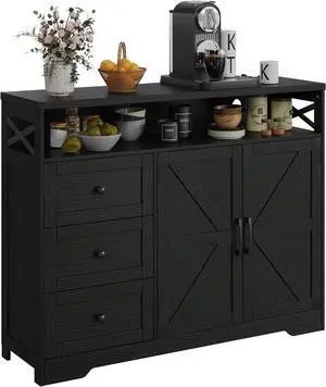 Farmhouse Storage Cabinet with Drawers & Barn Doors, Sideboard Buffet Cabinet with Storage, Kitchen Pantry Hutch, Coffee Bar Station for Kitchen, Dining Room, Livingroom, 47" L Black