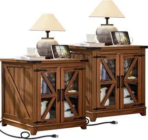 Farmhouse End Table Set of 2,24" Large Sofa Side Table with Charging Station Glass Barn Door,Wood Nightstand with Adjustable Storage Shelf,Square Bedside Table for Living Room,Bedroom,Office-Brown
