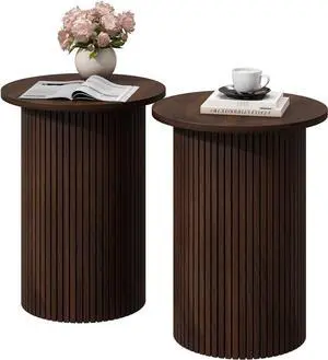 Wnutrees Round Fluted End Table, Small Accent Pedestal Side Table, Wood Fluted Nightstand Bedside Table for Living Room, Bedroom, Handcrafted Finish, Brown, 2Pack