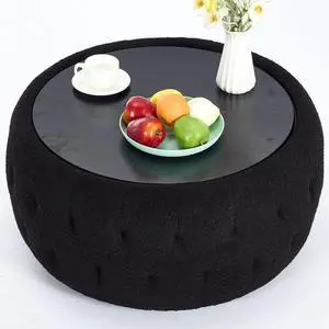 30 Inches Large Round Storage Ottoman, Modern Upholstered Ottoman Coffee Table, Wooden Top, Soft Teddy Fabric Surface, for Living Room, Bedroom, Classic Tufting, Black