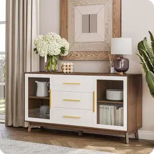 BELLEZE Sideboard Buffet, 60 Console Table with 3 Drawers & 2 Glass Doors, Accent Storage Cabinet for Kitchen, Living Room Dining Room Hallway, White