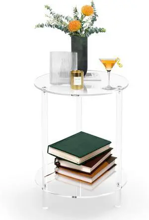 Clear Acrylic Round Side Table for Small Spaces, Acrylic Clear Coffee/End/Bedside Table,2-Tier Acrylic Nightsand/Furniture for Living Room, Bedroom, Bathroom, Garden, Office