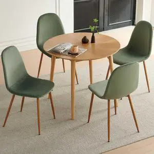 5-Pieces Round Kitchen Dining Room Table Set for 4, Modern Breakfast Dinner Table with Solid Wood Veneer Tabletop, Compact Coffee Table Set with Green Dining Side Chairs Upholstered