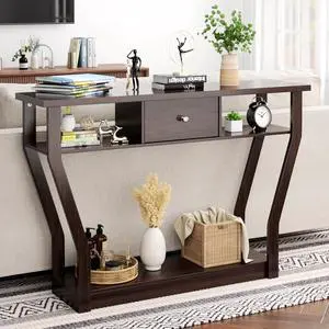 47'' Narrow Console Table with Drawer, 3-Tier Wooden Entryway Accent with Open Shelves, Multi-Purpose Sofa Table for Living Room Hallway - Easy Assembly & Storage (Coffee)