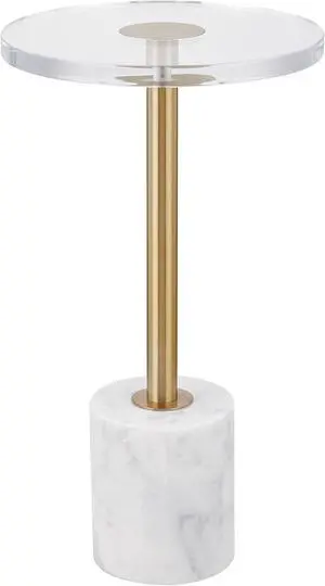 LIKENOW Furniture Acrylic Side Table,Clear Small Round End Table for Living Room,Bedroom,Office | Modern Nightstand with Marble Base,Gold Post,Clear Top for Drink,Food,Snack,Assembly(White)