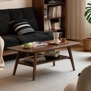 100% Solid Wood Coffee Table for Living Room, Mid Century Modern Small Tables with Shelf Storage, Storage Coffee Table with Rounded Corners (Oak Wood Walnut Color, 47.24" L)