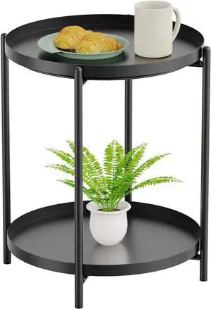 Yesker Side Table, End Table Metal Small Table Indoor Outdoor & Snack Bedside Table Sofa Side Snack Table Accent Coffee Table Living Room Bedroom Balcony 2 Layer (Black)