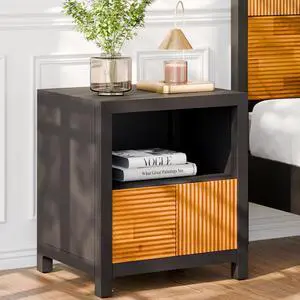 Bme Madia Wood Nightstand, Fully Assembled Mid-Century Modern Side Table in Black and Teak Brown, Elegant Bedroom Decor with Unique Pattern, Ideal for Adding Style to Bedroom or Living Room