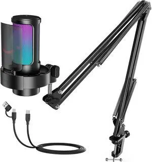 FIFINE USB Gaming Microphone Kit, PC Streaming Mic with RGB Lights, Mute, Gain Knob, Metal Boom Arm for Recording Podcast, Condenser Computer Microphone Set Compatible with PS4/PS5-AmpliGame A8T