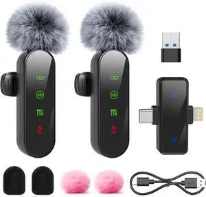 ZealSound Mini Microphone for iPhone with LED Display,Wireless Lavalier Mic with USB-C/Lightning/USB - Noise Reduction & Echo Effect,6 Windscreen Furry Muff Mics for TikTok,Podcast,ASMR,YouTube Videos