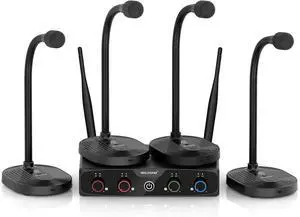 4-Channel Wireless Conference Microphone System, UHF Compact Cordless Mic Set w/ 4x10 Frequencies, 200ft Range, 4 Gooseneck Mics for Lecture, Church, Conference, Public Speaking (MWM-41-4G)