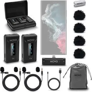 Movo WMX-2-C Duo Wireless Microphone System for USB-C  Dual Clip-On Lavalier Mics for iPhone 15, Android, iPad Pro, MacBook  2 Wireless Transmitters, Charging Case, 7HR Battery, 328ft Range