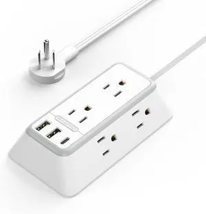 NTONPOWER 10 Feet Indoor Extension Cord Flat Plug 3 Prong Power Strips with Surge Protection, Mountable Power Strip with USB, Surge Protector Long Extension Cord with USB C for Home Office Desk, White