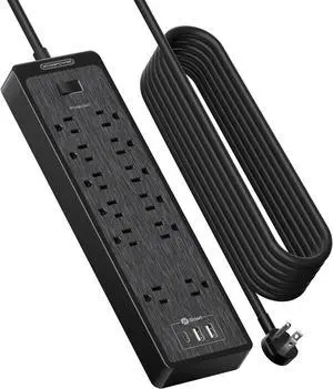 Flat Plug Extension Cord 25 Ft, Surge Protector Power Strip with 12 Outlets(2 Widely Space) 3 USB, Overload Protection Switch, 2100 Joules, Wall Mount for Home Office and Workbench, Black